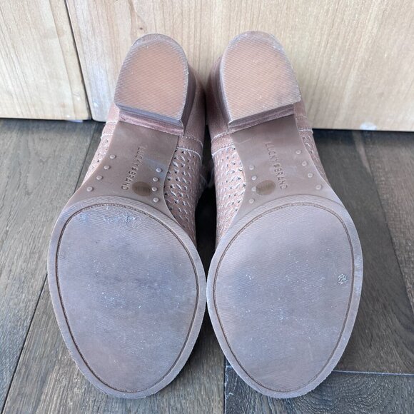 Lucky Brand Tan Peep Toe Booties Size 6 Heeled Perforated Ankle Sandals Shoes - Picture 7 of 8